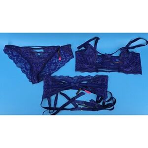 Seven Til' Midnight Lingerie 3 Piece Set Sz 1X Blue Lace Bra Garter Belt Panty